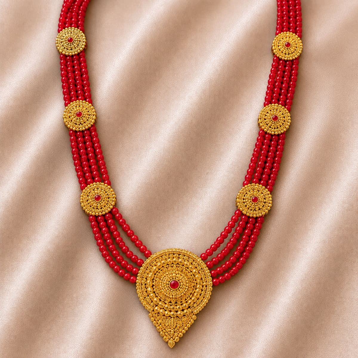 Traditional Red Ranihaar Multi-Layer Beaded Necklace