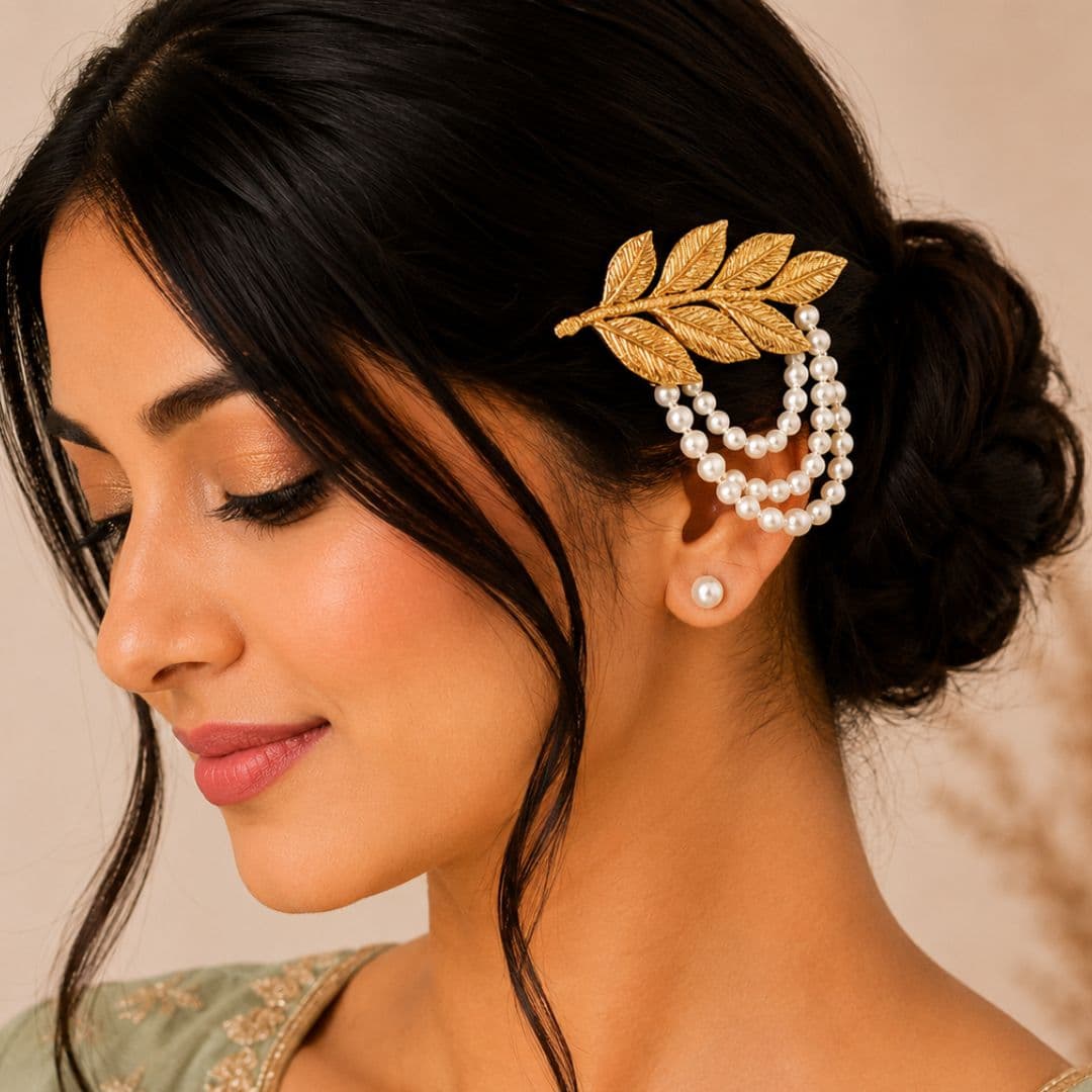 Golden Leaf Pearl Hair Clip