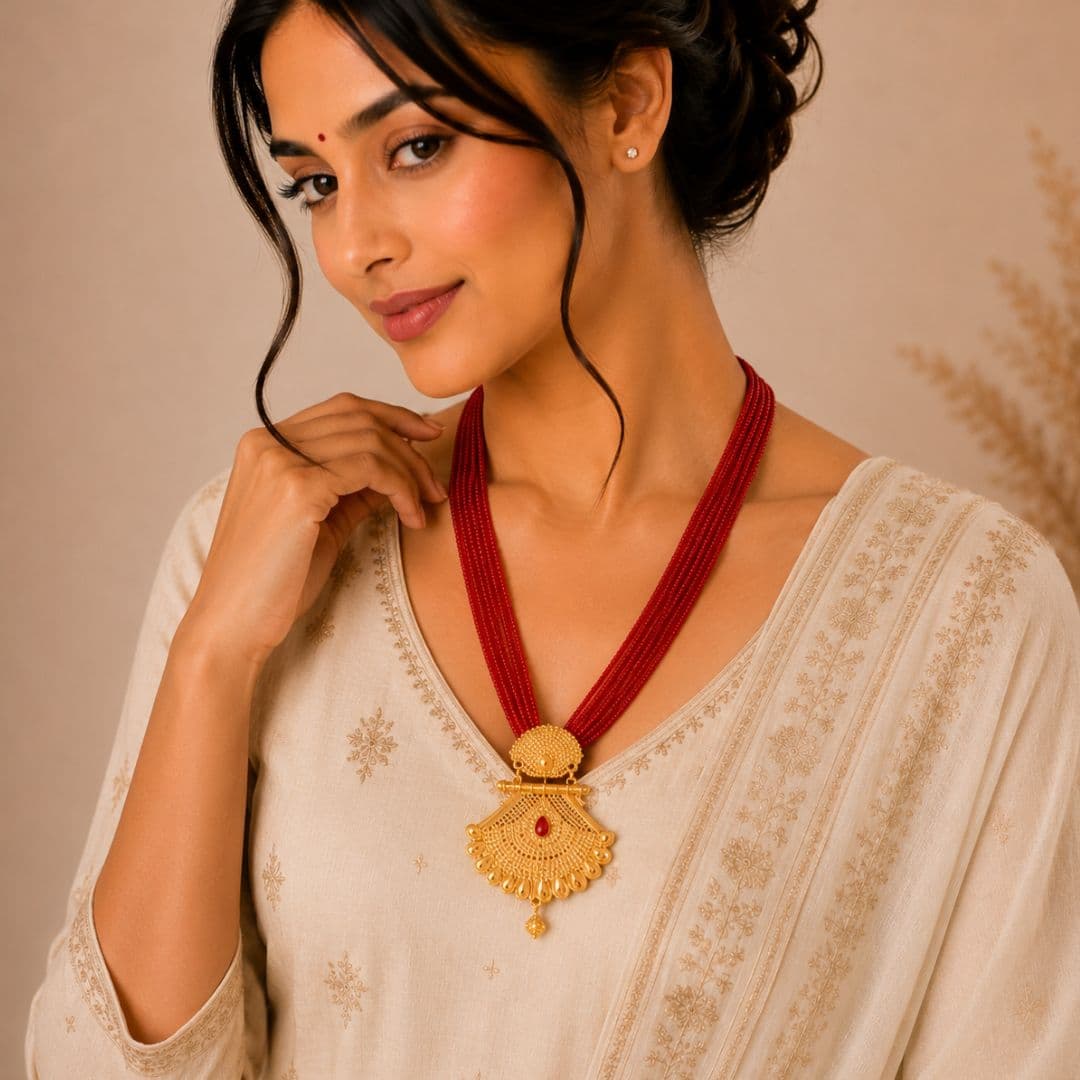 Ruby Red Ranihaar with Gold-Toned Pendant