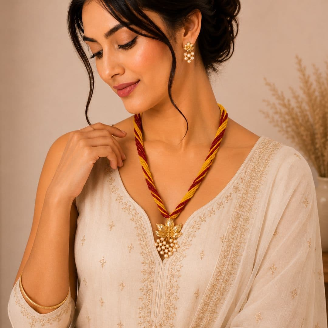 Traditional Red Yellow Ranihaar Set with Earrings