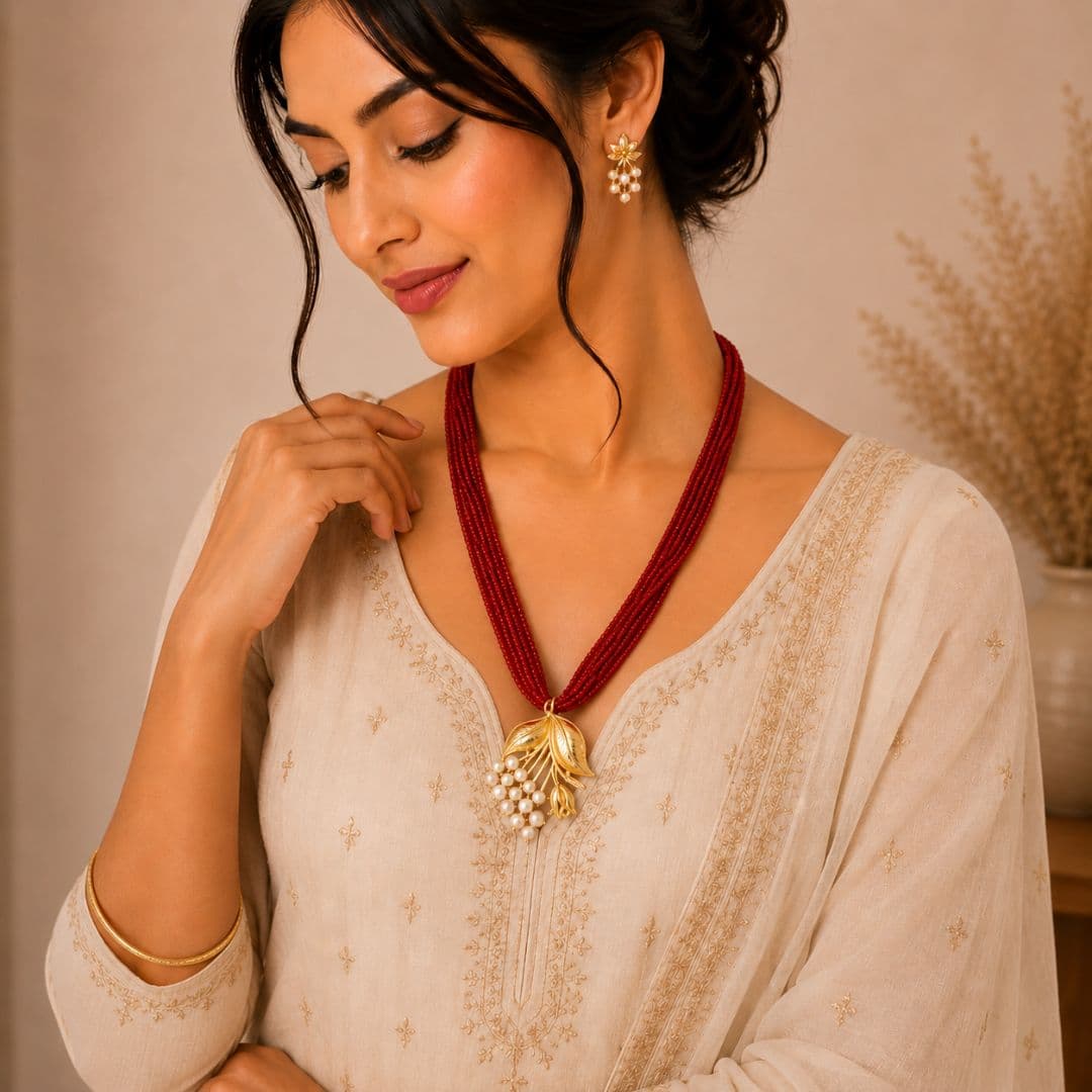 Classic Red Ranihaar Set with Pearl Leaf Pendant