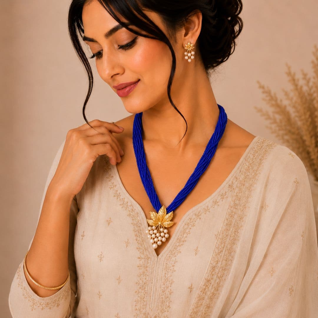 Royal Blue Ranihaar Set with Pearl Leaf Pendant