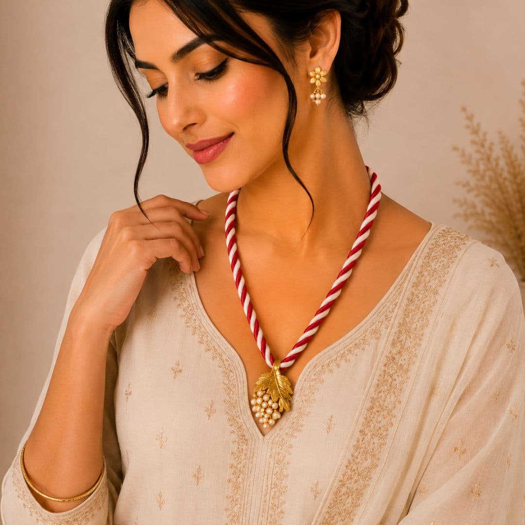 Red White Ranihaar Set with Pearl Leaf Pendant
