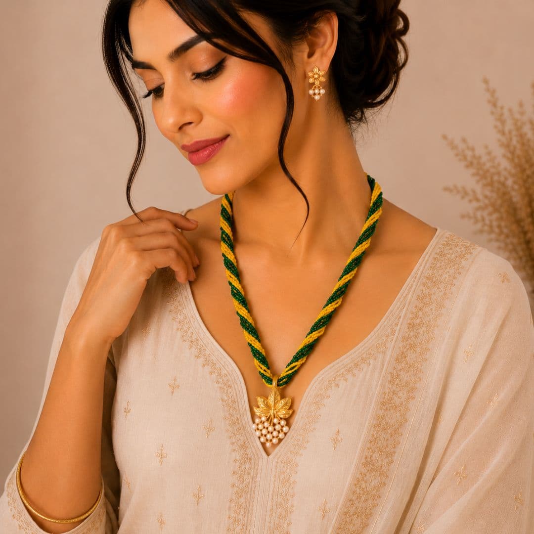 Green Yellow Ranihaar Set with Leaf Pearl Pendant