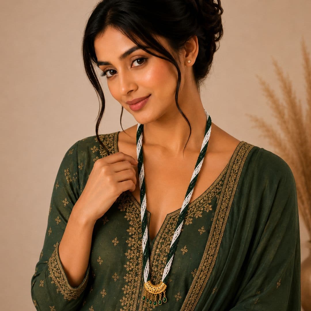 Elegant Green White Ranihaar with Stone Drops