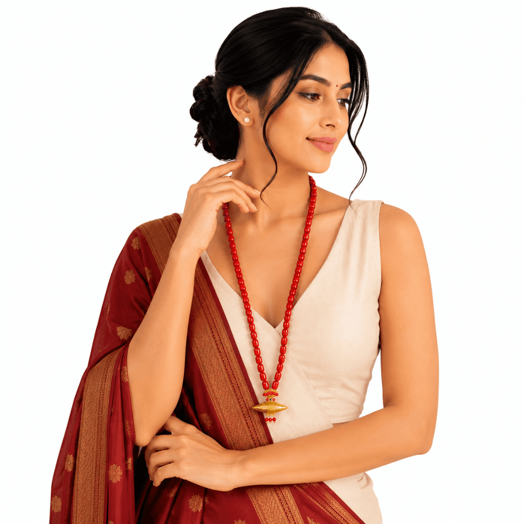 Traditional Red Pote Mala with Gold-Tone Pendant