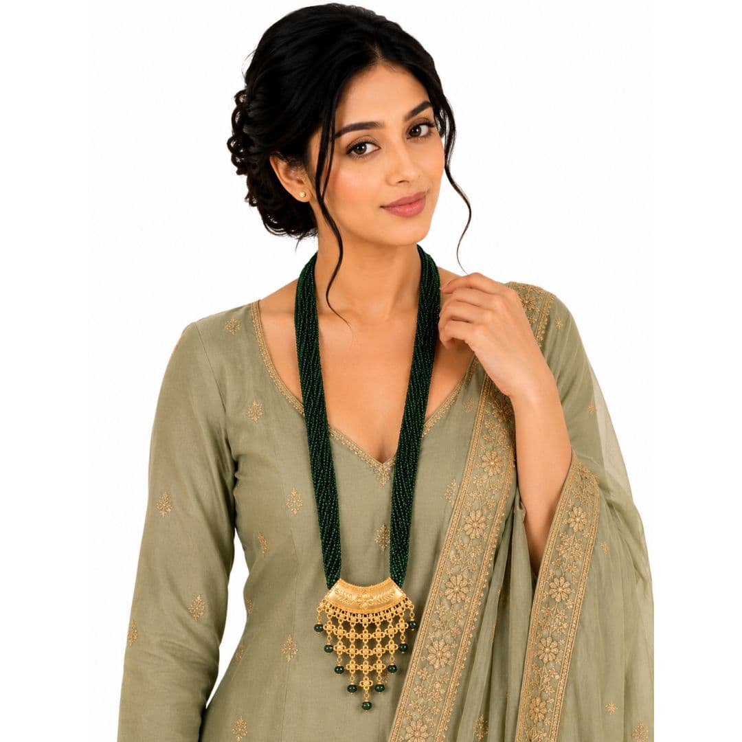 Royal Green Beaded Ranihaar with Fringe Pendant