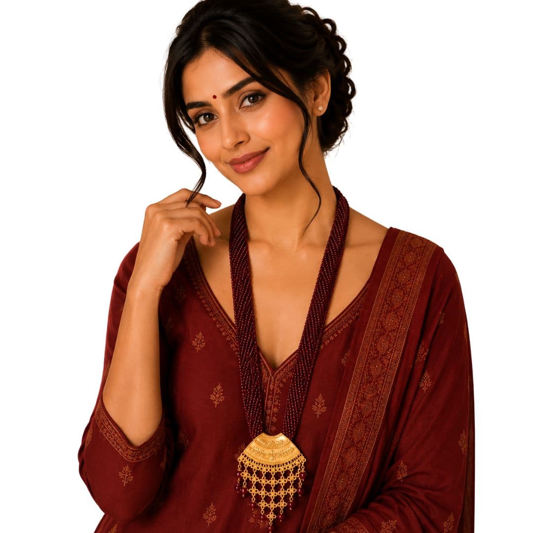 Traditional Crimson Ranihaar Gold-Toned Pendant