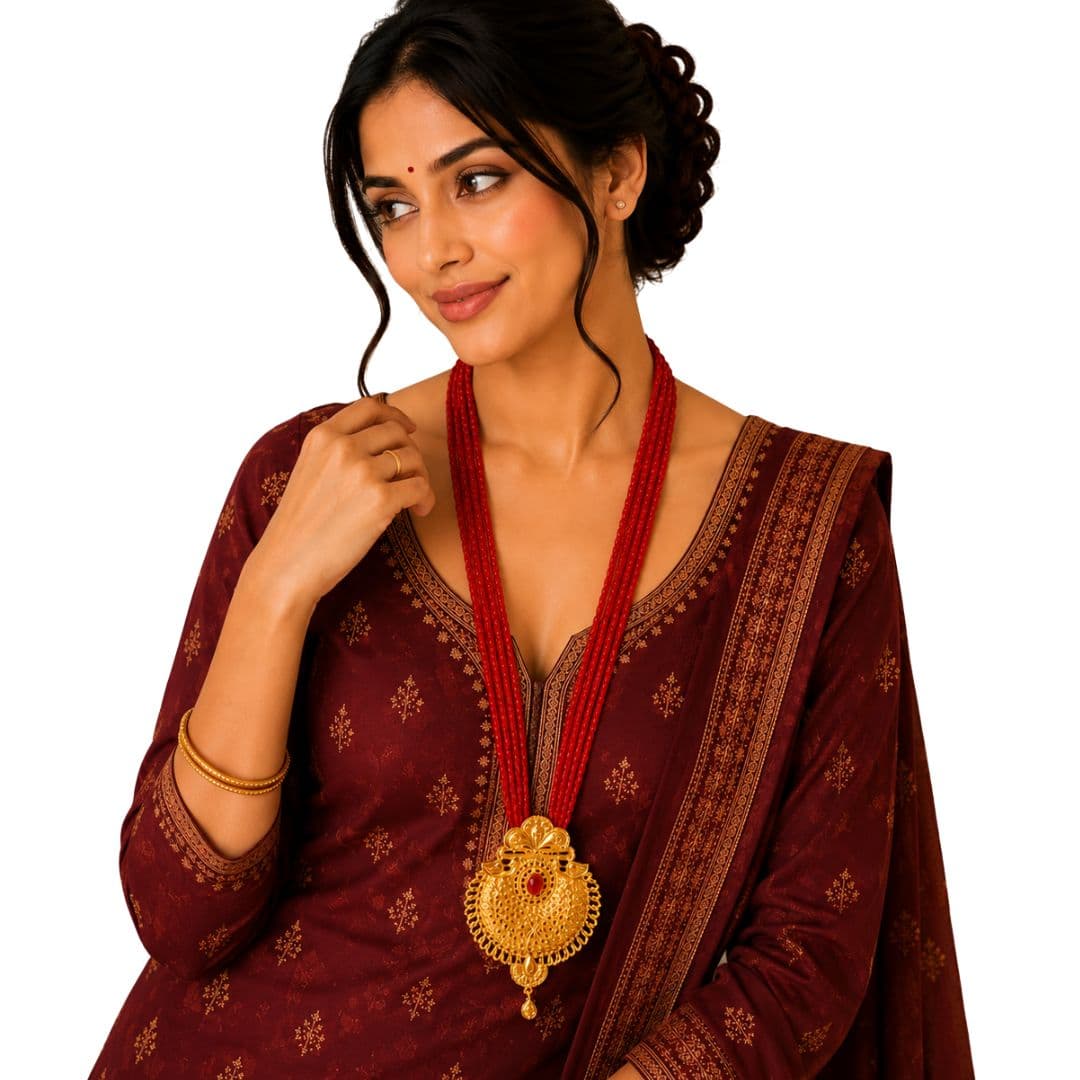 Traditional Red Ranihaar with Gold-Toned Pendant
