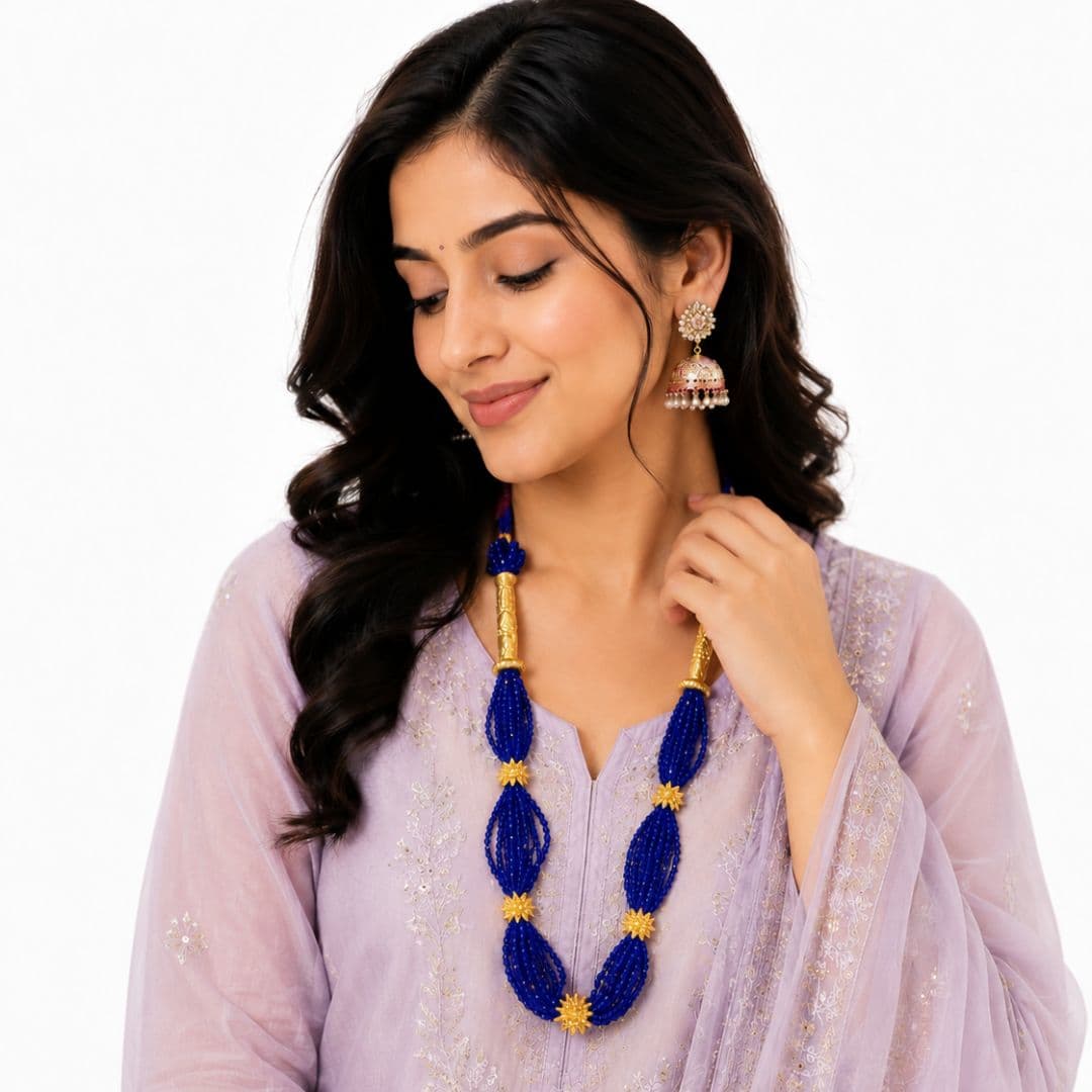 Royal Blue Crystal Beaded Naugari Necklace
