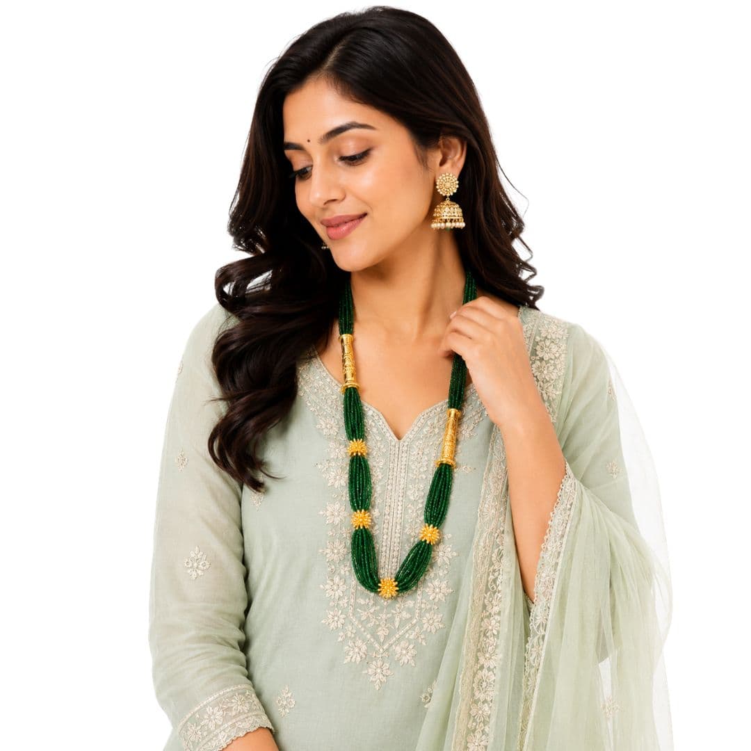 Royal Green Crystal Beaded Naugari Necklace