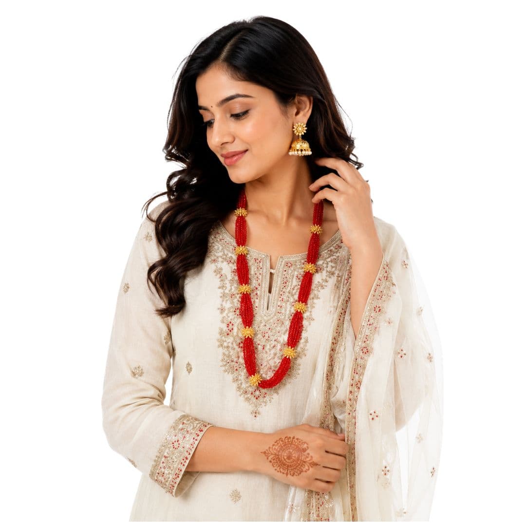 Royal Red Crystal Beaded Naugari Necklace