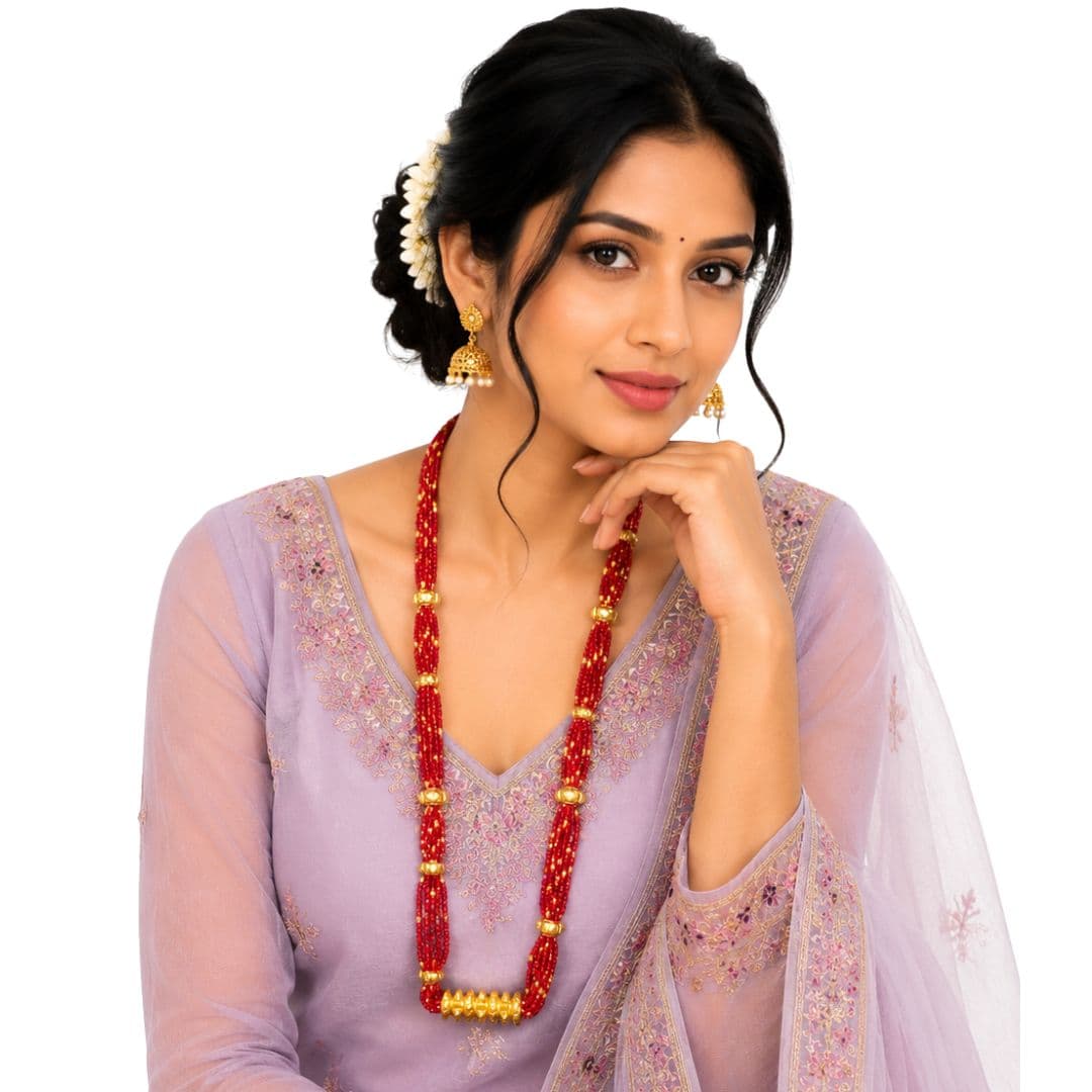 Classic Red Tilhari Beads Necklace with Gold Bead Centerpiece