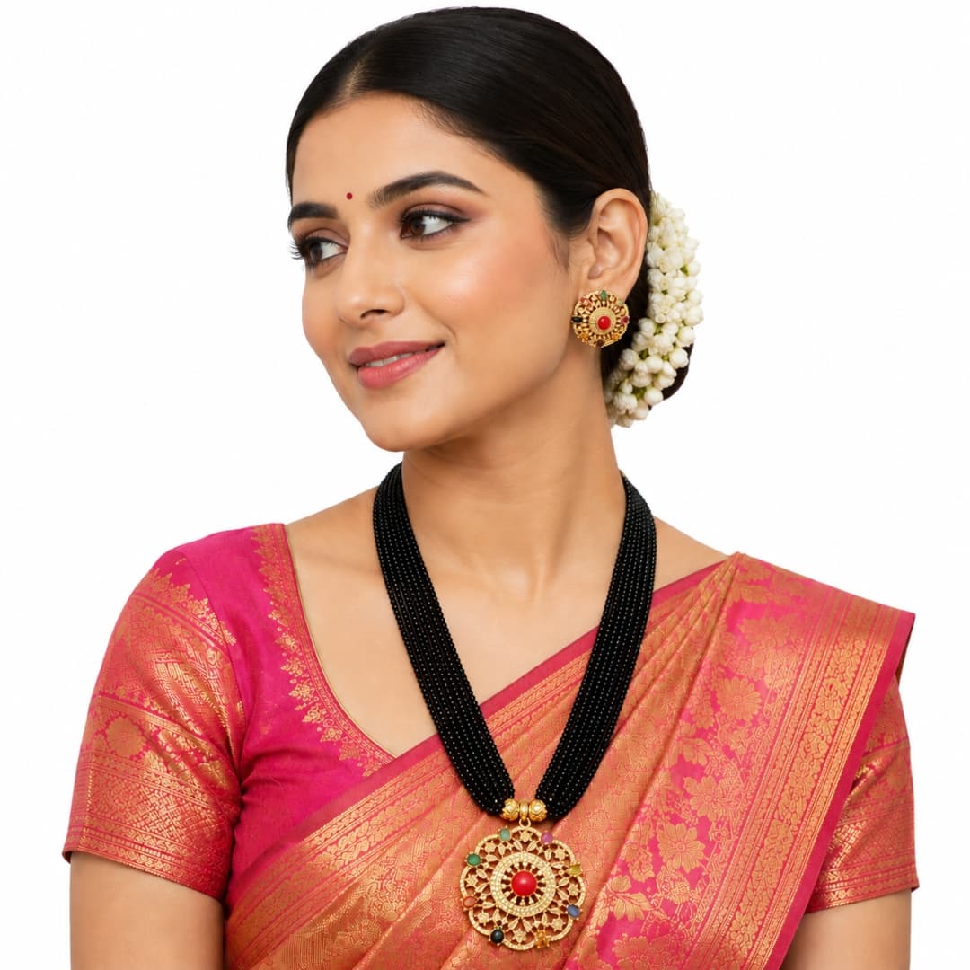 Royal Multicolor Stone Black Beads Rani Haar Set