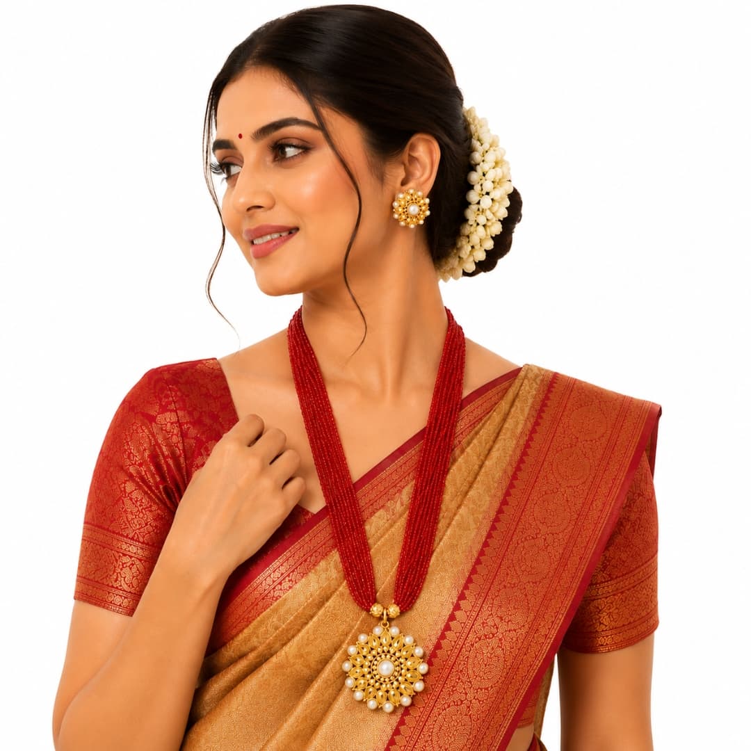 Royal Pearl Red Beads Rani Haar Set