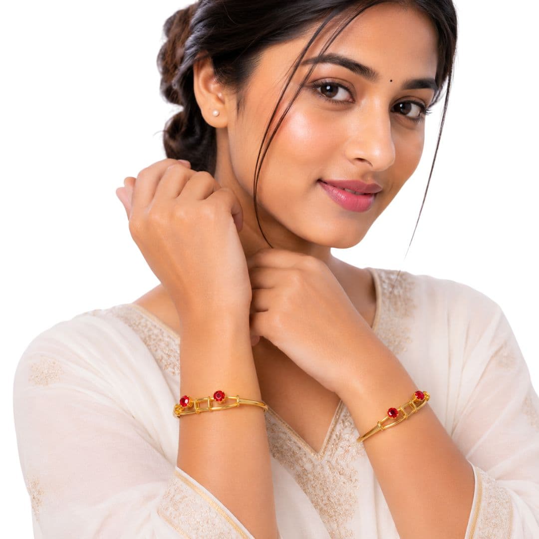 Royal Red Stone Gold-Toned Bangle Pair