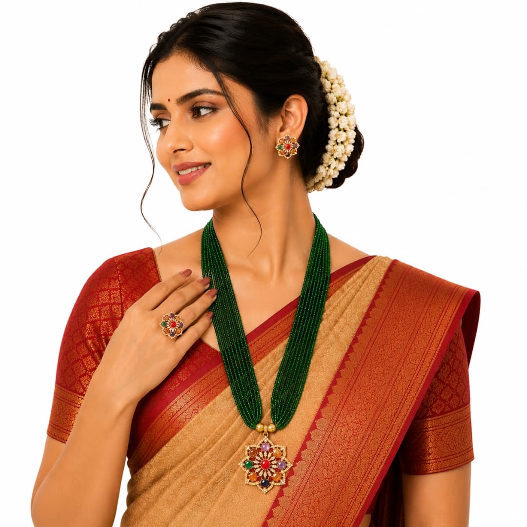 Royal Navratna Green Beads Rani Haar Set with Ring