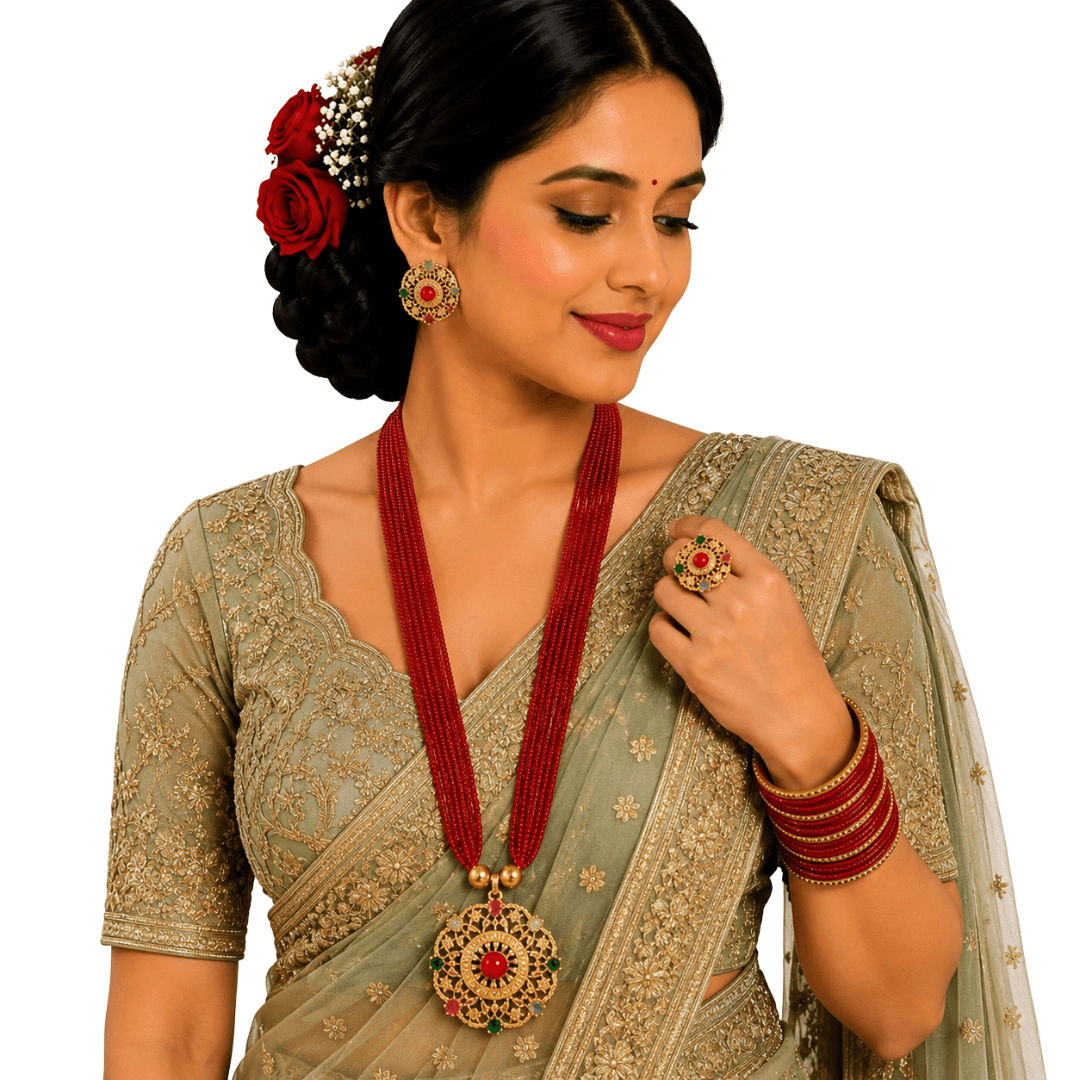 Ruby Navratna Crystal Ranihaar Necklace Set